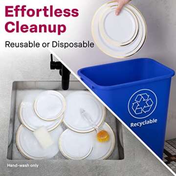 Aya's Cutlery Kingdom 100 Disposable White Plastic Plates with Gold Trim - Includes 50 Plastic Dinner Plates (10-Inch) and 50 Salad Dessert Plates (7.5-Inch) - Heavy Duty and Elegant Party Plates