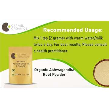 CARMEL ORGANICS Organic Ashwagandha Root Powder (8 Oz or 227g/0.5 Lbs) USDA Certified. Lab Tested, Non GMO & Gluten Free | Withania Somnifera from India
