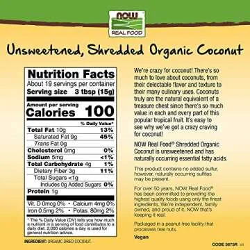 NOW Foods, Organic Coconut, Unsweetened and Shredded, No Added Colors, Flavors or Preservatives, 10-...