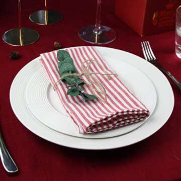 INFEI Plain Striped Cotton Linen Blended Dinner Cloth Napkins - Set of 12 (40 x 30 cm) - for Events & Home Use (Red)
