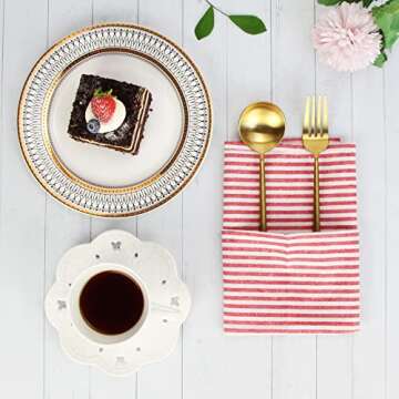 INFEI Plain Striped Cotton Linen Blended Dinner Cloth Napkins - Set of 12 (40 x 30 cm) - for Events & Home Use (Red)