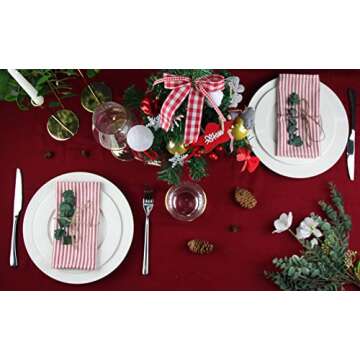 INFEI Plain Striped Cotton Linen Blended Dinner Cloth Napkins - Set of 12 (40 x 30 cm) - for Events & Home Use (Red)