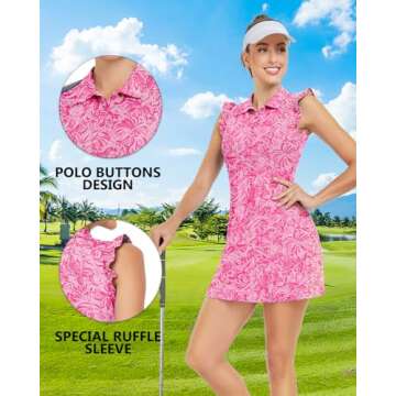 WOWENY Womens Tennis Dress Polo Buttons Golf Dresses with Built in Shorts and Pockets Ruffle Sleeveless Athletic Workout Dress (Pink Flower, L)