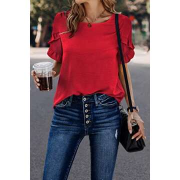 ECOWISH Womens Summer Tops 2023 Casual Solid Summer Blouse Ruffle Short Sleeve Tunic Shirts Spring T...