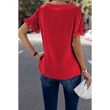 ECOWISH Womens Summer Tops 2023 Casual Solid Summer Blouse Ruffle Short Sleeve Tunic Shirts Spring Tops for Women Red XL