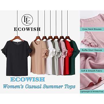 ECOWISH Womens Summer Tops 2023 Casual Solid Summer Blouse Ruffle Short Sleeve Tunic Shirts Spring Tops for Women Red XL