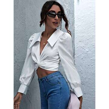 SOLY HUX Women's Twist Front Tie Back Puff Long Sleeve Crop Top Blouse White M
