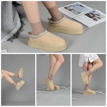 ZERISM Women's Slippers Platform Mini Boots Short Ankle Boot Fur Fleece Lined Sneakers House slippers Anti-Slip Boot For Outdoor (Off-white, Adult, Women, 7, Numeric, US Footwear Size System, Medium)