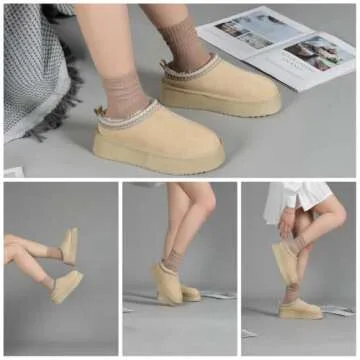 ZERISM Women's Slippers Platform Mini Boots Short Ankle Boot Fur Fleece Lined Sneakers House slippers Anti-Slip Boot For Outdoor (Off-white, Adult, Women, 7, Numeric, US Footwear Size System, Medium)