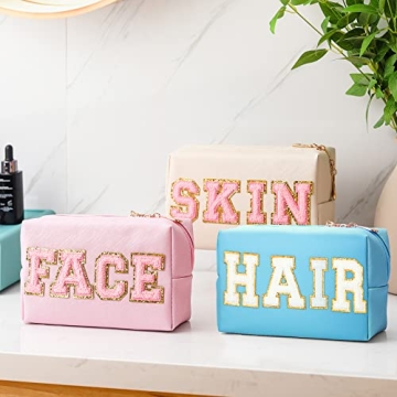 Sotiff Preppy Patch Makeup Bag Set for Women, 3 Pieces