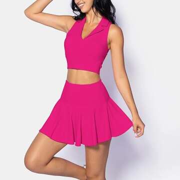 ABOCIW Tennis Outfits for Women 2 Piece High Waist Pleated Tennis Skirt Collared V Neck Sleeveless Racerback Workout Workout Crop Top Bra Athletic Golf Outfits Rose Small