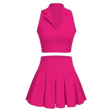 ABOCIW Tennis Outfits for Women 2 Piece High Waist Pleated Tennis Skirt Collared V Neck Sleeveless Racerback Workout Workout Crop Top Bra Athletic Golf Outfits Rose Small