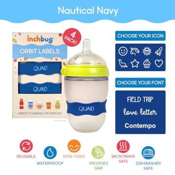 InchBug Orbit Labels - White Contrasting Personalization Silicone Baby Bottle & Sippy Cup Bands - Re...