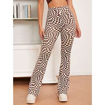 WDIRARA Women's Elastic High Waist Plaid Flare Leg Casual Long Pants Brown White Checked XS