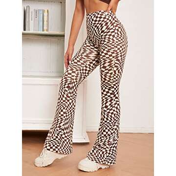 WDIRARA Women's Elastic High Waist Plaid Flare Leg Casual Long Pants Brown White Checked XS