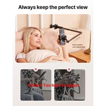 JSAUX Phone Holder for Desk and Bed Compatible with iPhone 16 15 14 13 12 Overhead Phone Mount Gooseneck Phone Stand Flexible 360 Lazy Long Arm Clamp Clip for Table Bedside [1-Pack, Black]