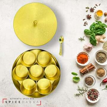 Brass Indian Spice Box, Brass masala Dabba, Brass Spice Box with 7 container & Spoon, Authentic Spices, Masala Box with Individual containers | Size 8 x 8 x 2 IN (Indian Spice Box Only)
