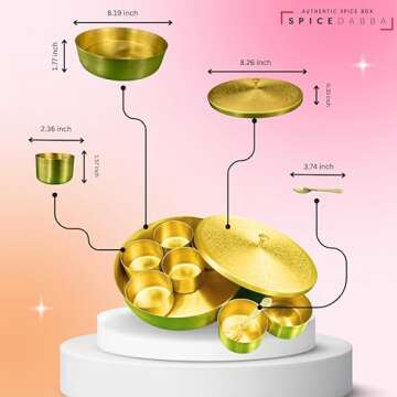 Brass Indian Spice Box, Brass masala Dabba, Brass Spice Box with 7 container & Spoon, Authentic Spices, Masala Box with Individual containers | Size 8 x 8 x 2 IN (Indian Spice Box Only)