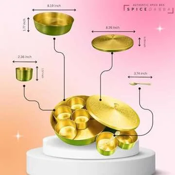 Brass Indian Spice Box, Brass masala Dabba, Brass Spice Box with 7 container & Spoon, Authentic Spices, Masala Box with Individual containers | Size 8 x 8 x 2 IN (Indian Spice Box Only)