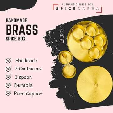 Brass Indian Spice Box, Brass masala Dabba, Brass Spice Box with 7 container & Spoon, Authentic Spices, Masala Box with Individual containers | Size 8 x 8 x 2 IN (Indian Spice Box Only)