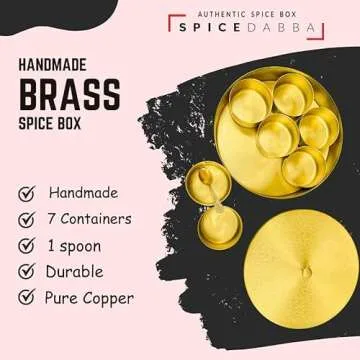 Brass Indian Spice Box, Brass masala Dabba, Brass Spice Box with 7 container & Spoon, Authentic Spices, Masala Box with Individual containers | Size 8 x 8 x 2 IN (Indian Spice Box Only)