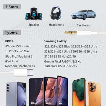 Seulliya USB C to 3.5mm Audio Aux Jack Cable, Aux Cord for iPhone 15, Type C to 3.5mm Headphone Car Stereo Cord Compatible with iPhone 16 Plus /15 Pro Max, Samsung Galaxy S23 S22 Note 20, Pixel 5 XL