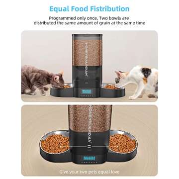 HoneyGuaridan 5L Automatic Cat Feeder for Two Cats, Cat Food Dispenser with Stainless Steel Bowl,Timed Feeder Programmable 1-6 Meals Control, Dual Power Supply,Desiccant Bag Black