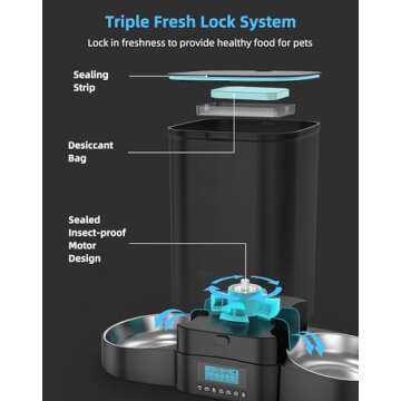 HoneyGuaridan 5L Automatic Cat Feeder for Two Cats, Cat Food Dispenser with Stainless Steel Bowl,Timed Feeder Programmable 1-6 Meals Control, Dual Power Supply,Desiccant Bag Black