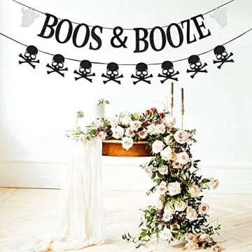 Boos & Booze Banner and Skull Garland,Happy Halloween, Halloween Party Banner for Haunted Houses Doo...