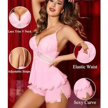 Wearella Womens Sweetness Cami Set Lace Camisole Lingerie Nightwear Sexy Pajamas Lounge Sets (S, Pin...