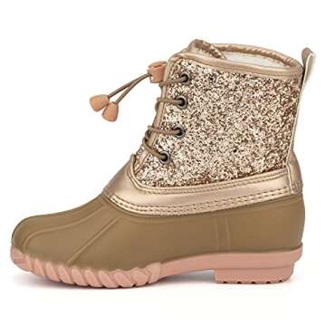 Olivia Miller Kid's Girl Fashion Shoes, Rose Gold Glitter Faux PU Leather Slip On PVC Sole Lace Up Round Toe Duck Rain Bootie Winter Snow Casual Classic Bootie Ankle Boots