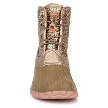 Olivia Miller Kid's Girl Fashion Shoes, Rose Gold Glitter Faux PU Leather Slip On PVC Sole Lace Up Round Toe Duck Rain Bootie Winter Snow Casual Classic Bootie Ankle Boots