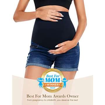 HOFISH Women's Over The Belly Pregnancy Support Breathable Maternity Jeans Shorts Rolled-up Style Dark Blue Medium