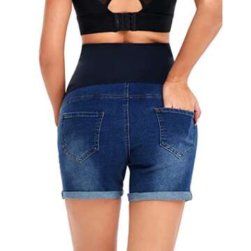 HOFISH Women's Over The Belly Pregnancy Support Breathable Maternity Jeans Shorts Rolled-up Style Dark Blue Medium