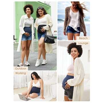 HOFISH Women's Over The Belly Pregnancy Support Breathable Maternity Jeans Shorts Rolled-up Style Dark Blue Medium
