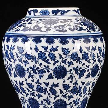 Chinese Decorative Ceramic Ginger Jar Traditional Blue and White Porcelain Temple Jar for Home Decoration,H12.20inch,1 jar/Box