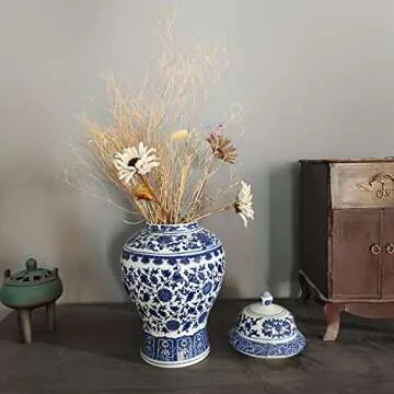 Chinese Decorative Ceramic Ginger Jar Traditional Blue and White Porcelain Temple Jar for Home Decoration,H12.20inch,1 jar/Box