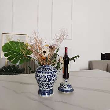 Chinese Decorative Ceramic Ginger Jar Traditional Blue and White Porcelain Temple Jar for Home Decoration,H12.20inch,1 jar/Box