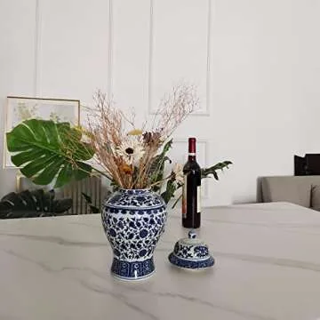 Chinese Decorative Ceramic Ginger Jar Traditional Blue and White Porcelain Temple Jar for Home Decoration,H12.20inch,1 jar/Box
