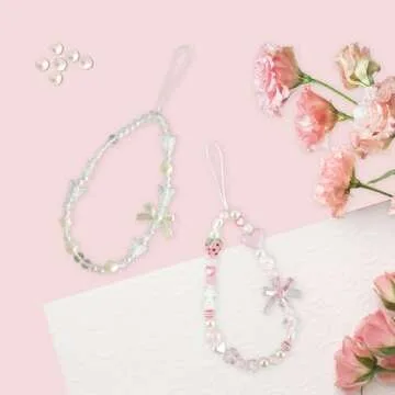 2 Pcs Beaded Phone Wrist Straps, Camera Charm Strap Y2K Phone Charms for Phone Case, Strawberry Lanyard Keychain Charm Wristlet for Phone Aesthetic Phone Charm Pink, Cute Bow Phone Keychain Charm