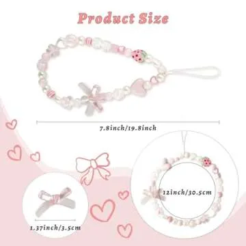 2 Pcs Beaded Phone Wrist Straps, Camera Charm Strap Y2K Phone Charms for Phone Case, Strawberry Lanyard Keychain Charm Wristlet for Phone Aesthetic Phone Charm Pink, Cute Bow Phone Keychain Charm
