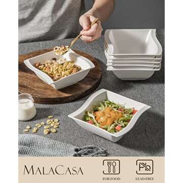 MALACASA Small Cereal Bowls, 15 OZ Ceramic Bowls Set of 6, Ivory White Soup Bowls for Kitchen, Square Serving Bowls for Dessert, Ice Cream and Oatmeal, Dishwasher & Microwave Safe, Series Flora
