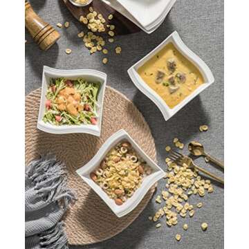 MALACASA Small Cereal Bowls, 15 OZ Ceramic Bowls Set of 6, Ivory White Soup Bowls for Kitchen, Square Serving Bowls for Dessert, Ice Cream and Oatmeal, Dishwasher & Microwave Safe, Series Flora