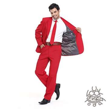 Men's Party Suit Solid Color Prom Suit for Themed Party Events Clubbing Jacket with Tie Pants Red-La...