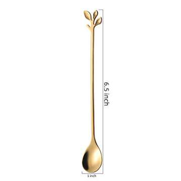 AnSaw 6.5" Elegant Leaf-Design Gold Coffee & Tea Spoons Set of 6 - Long Handle Stainless Steel Stirr...