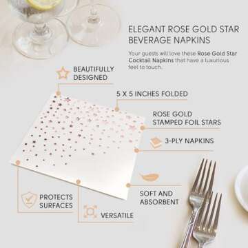 Stylish Rose Gold Napkins, 100 Disposable Rose Gold Cocktail Napkins, Rose Gold Star Napkins, 5x5 Inch Rose Gold Napkins for Wedding, 3- Ply Rose Gold Paper Napkins, Rose Gold Dessert Napkins