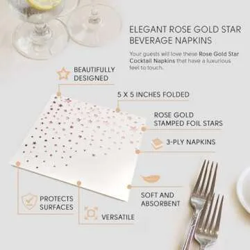 Stylish Rose Gold Napkins, 100 Disposable Rose Gold Cocktail Napkins, Rose Gold Star Napkins, 5x5 Inch Rose Gold Napkins for Wedding, 3- Ply Rose Gold Paper Napkins, Rose Gold Dessert Napkins