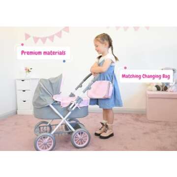 KOOKAMUNGA KIDS Baby Doll Stroller - Foldable Baby Stroller for Dolls - Play Stroller & Bassinet w/Retractable Canopy - Diaper Bag - Adjustable Soft Grip Handle - Ideal for 16” 18” & 20” Dolls