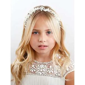SWEETV Flower Girl Headpiece Ivory Tulle Flowers Wedding Headband for Girls, Princess Pearl Hair Acc...