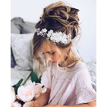 SWEETV Flower Girl Headpiece Ivory Tulle Flowers Wedding Headband for Girls, Princess Pearl Hair Accessories for Birthday Party, First Communion